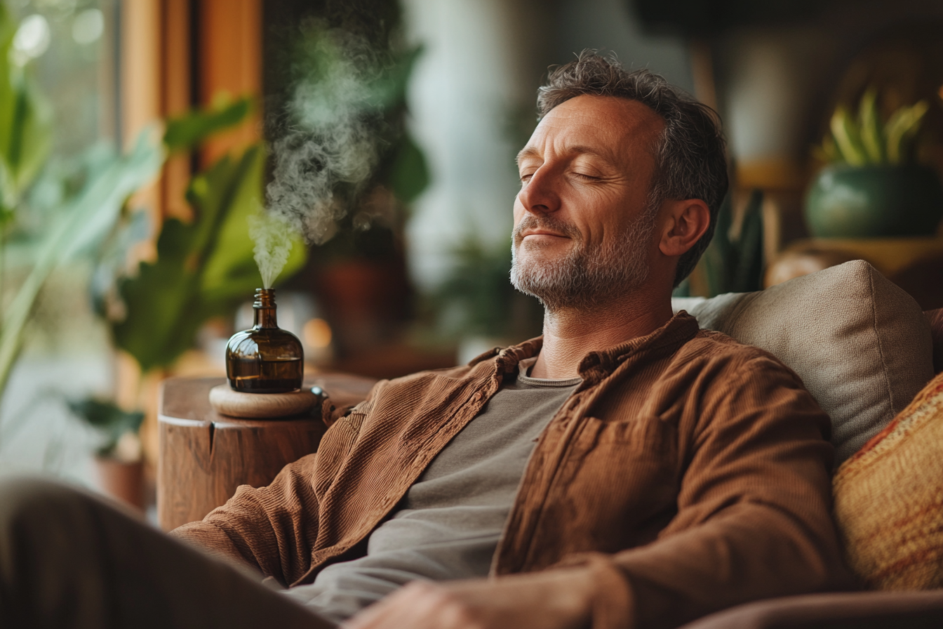 Чоловік середнього віку медитує на природі